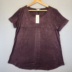 NWT John Paul Richard Brown Faux Suede Studded Top M Cuffed Sleeve Scoop Neck